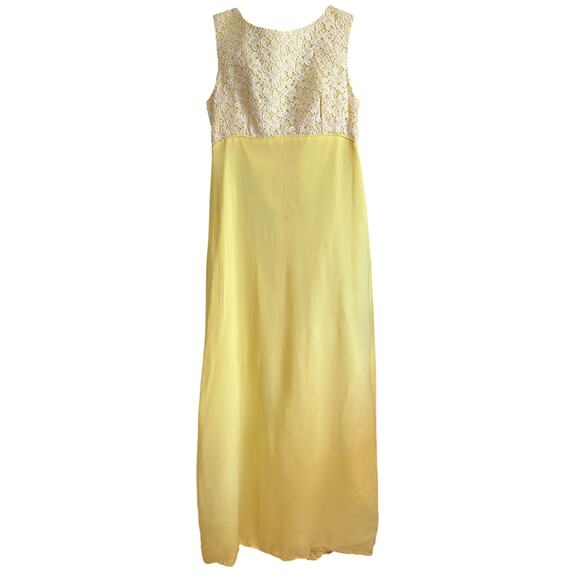 1960s Vintage Yellow and white Silk Chiffon and lace  Bow train column dress 6-8 - Picture 1 of 10